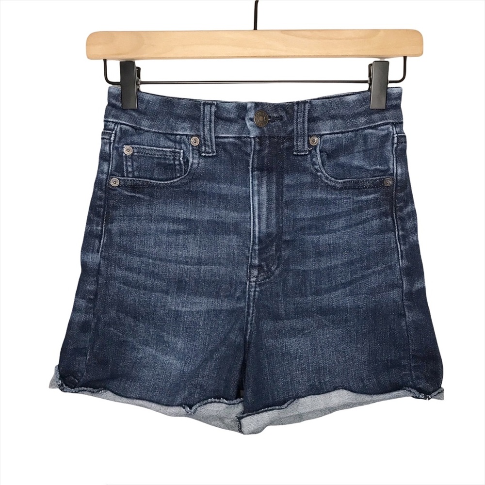 AEO Cutoff Raw Hem Curvy Super Hi-Rise Shortie Shorts in Dark Wash Blue 2